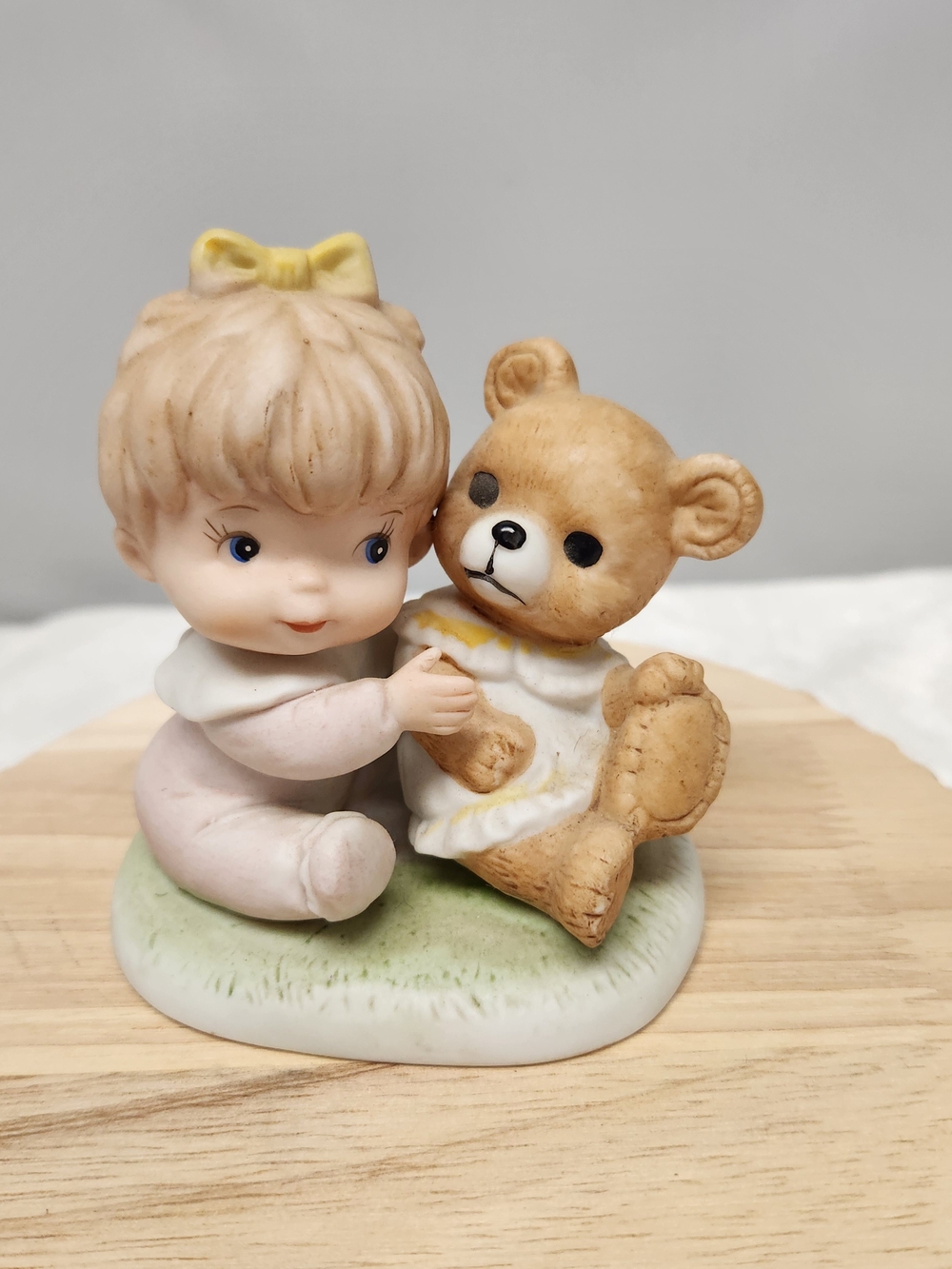 Homco Ceramic Baby Figurine with Teddy - Pink, Tan, Yellow